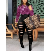 Lovely Casual O Neck Patchwork Ripped Purple One-p