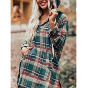 Lovely Casual Hooded Collar Grid Print Green Blous