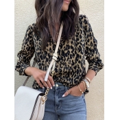 LW Trendy Turndown Collar Leopard Print Blouse