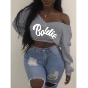 Lovely Street V Neck Letter Print Grey T-shirt