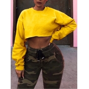 Lovely Casual O Neck Crop Top Yellow Hoodie