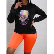 Lovely Casual O Neck Cartoon Print Black Hoodie