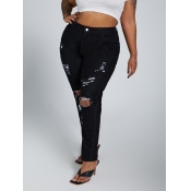 Lovely Casual Broken Holes Black Plus Size Jeans