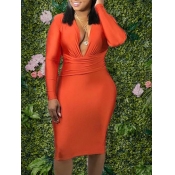 Lovely Party Deep V Neck Folds Design Orange Knee 