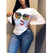 Lovely Casual O Neck Lip Print White T-shirt