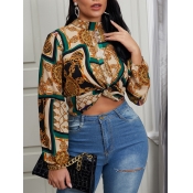 Lovely Formal Floral Print Patchwork Coffee Blouse