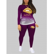 Lovely Casual Lip Print Purple Plus Size Two-piece