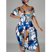 Lovely Stylish V Neck Print Blue Knee Length Plus 