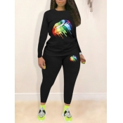 Lovely Casual Lip Print Black Plus Size Two-piece 