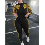 Lovely Chic Leopard Print Patchwork Black One-piec