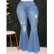 Lovely Trendy Broken Holes Blue Plus Size Jeans