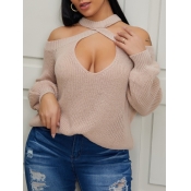 Lovely Sexy O Neck Hollow-out Beige Sweater