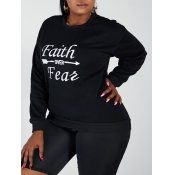 Lovely Casual O Neck Letter Print Black Plus Size 