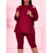 Lovely Casual Hollow-out Wine Red Two Piece Pants 