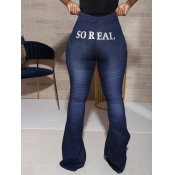 Lovely Street Letter Print Flared Deep Blue Jeans