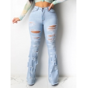 Lovely Casual Flared Broken Holes Blue Jeans