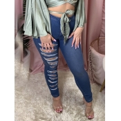 Lovely Trendy High-waisted Ripped Deep Blue Jeans