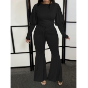 Lovely Casual Flared Puffed Sleeve Black Two Piece