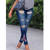 Lovely Street Floral Print Broken Holes Blue Jeans