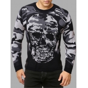 Lovely Casual Skull Camo Print Grey Men Sweater