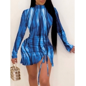 Lovely Sweet Gradient Drawstring Blue Mini Dress