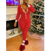Lovely Casual V Neck Dot Print Red Sleepwear