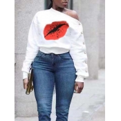 Lovely Casual Lip Print Button Design White Plus S