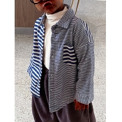 Lovely Casual Striped Patchwork Pocket Design Blue