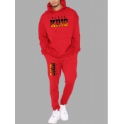 LW Men Street Letter Print Drawstring Red Two Piec