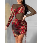 Lovely Party Snake Print Drawstring Red Knee Lengt