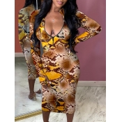 Lovely Casual V Neck Snake Print Mid Calf Dress