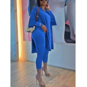 Lovely Casual O Neck Side Split Blue Two Piece Pan
