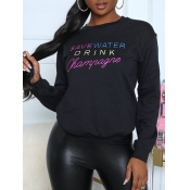 Lovely Casual O Neck Letter Print Black Hoodie