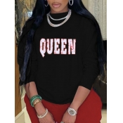 Lovely Street O Neck Letter Print Black Hoodie
