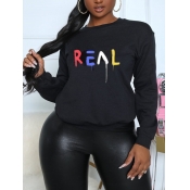 Lovely Casual O Neck Letter Print Black Hoodie