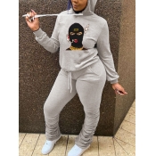 Lovely Casual Hooded Collar Print Grey Two Piece P