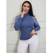 Lovely Stylish Half A Turtleneck Patchwork Blue Sw