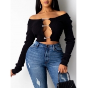 Lovely Sexy Off The Shoulder Hollow-out Black T-sh