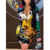 Lovely Stylish Graffiti Print Patchwork Yellow Min
