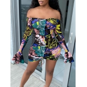 Lovely Sexy Off The Shoulder Print Drawstring Blac