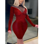 Lovely Sexy O Neck Mesh Patchwork See-through Red 