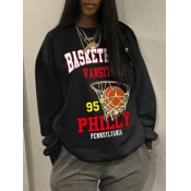 LW Casual O Neck Letter Print Black Hoodie
