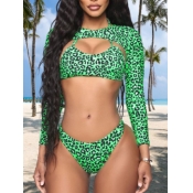 LW COTTON Leopard Print Hollow-out Green Two-piece