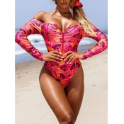 LW Sweet Lip Print Patchwork Rose Red One-piece Sw