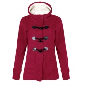 Lovely Casual Hooded Collar Button Design Wine Red