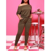 Lovely Casual Off The Shoulder Fold Design Army Gr