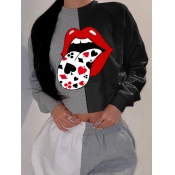 Lovely Casual Lip Print Patchwork Grey Hoodie