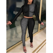 Lovely Casual O Neck Patchwork Black Two Piece Pan