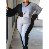Lovely Casual V Neck Patchwork Grey Plus Size Two-