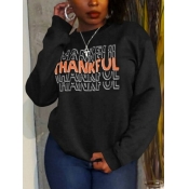 Lovely Casual O Neck Letter Print Black Hoodie